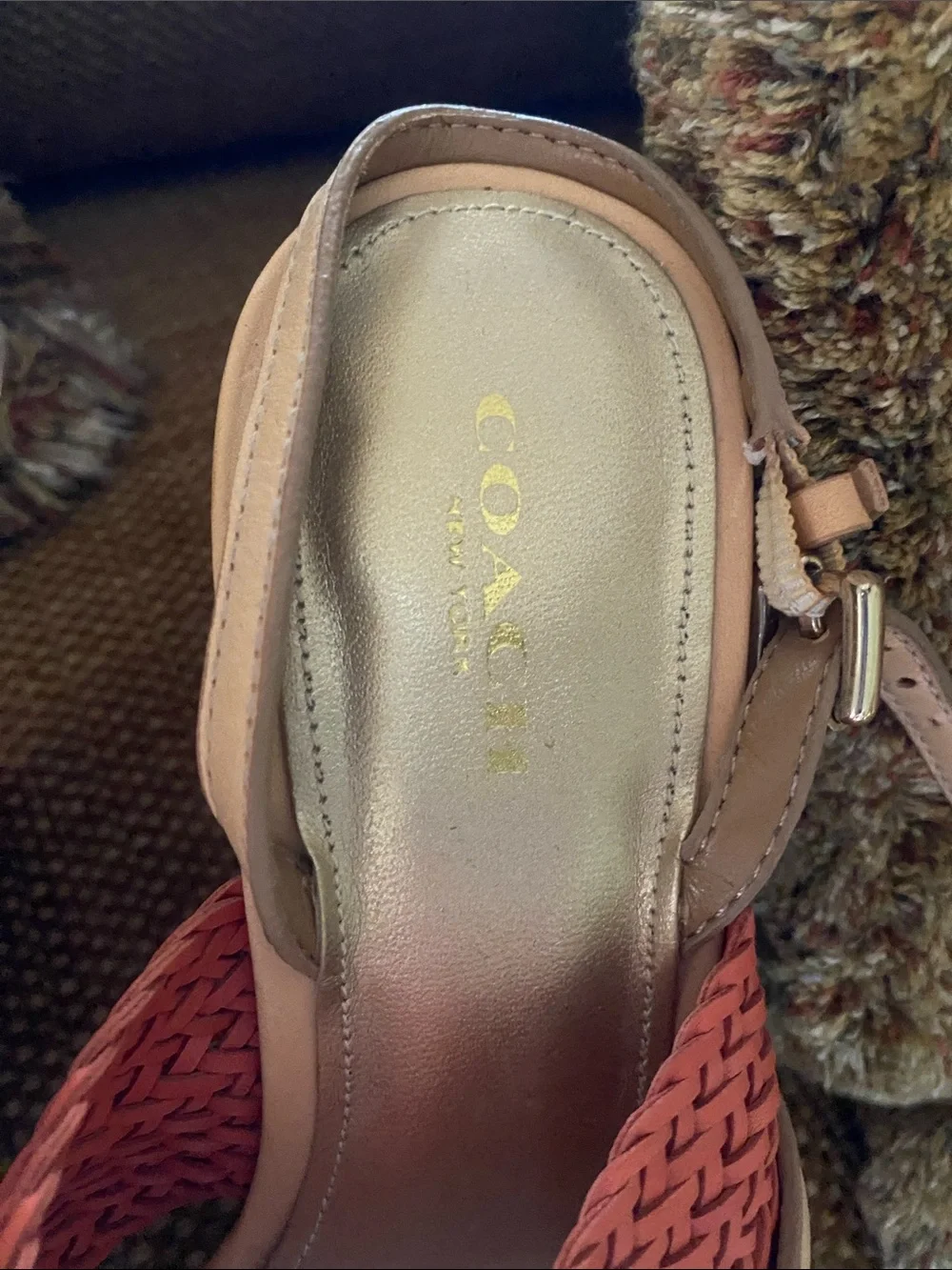 Coach Tan and Coral Woven Wedge Sandals